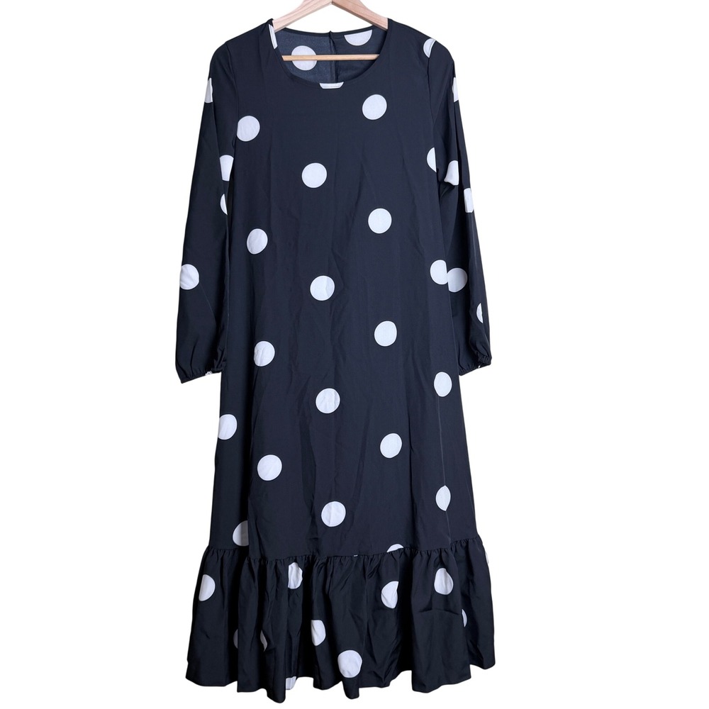 Black White Polka Dot Ruffled Hem Midi Dress Flowy Retro Mod Women's Medium
